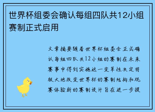 世界杯组委会确认每组四队共12小组赛制正式启用